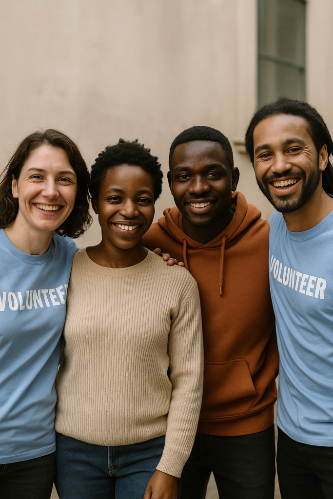 Bénévoles d'une ONG aidant des migrants qui sourient.