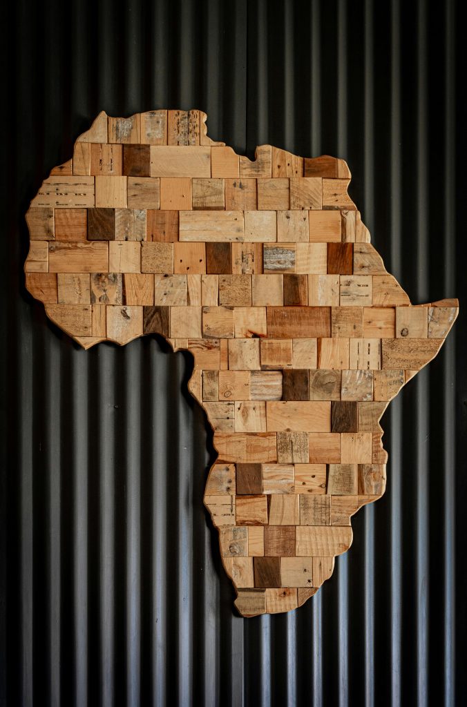 Photo de Magda Ehlers : la carte brune sur la carte. La photo représente le continent africain avec des morceaux de bois sur un fond de taule noire.