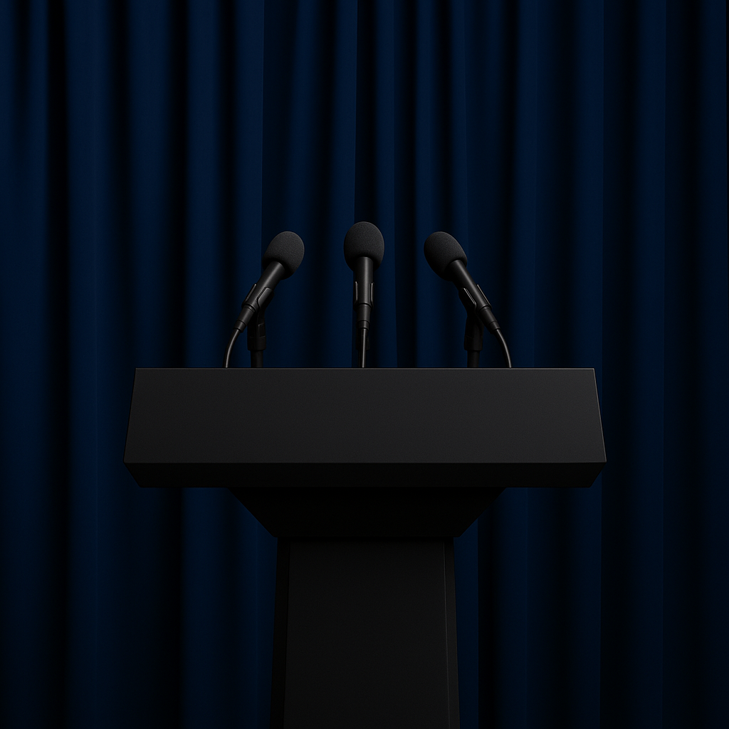 Pupitre d'une conférence de presse noir sur fond de  rideaux bleus. Représentation fictive de la conférence de presse de l'Ordae.