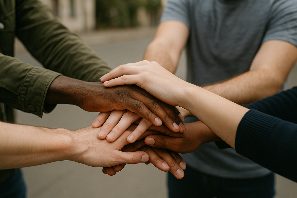 Mains de plusieurs personnes d'origines ethniques différentes unis;