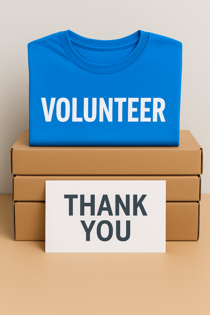 Tee-shirt bleu de bénévoles et une pancarte où il y a écrit "thank you"